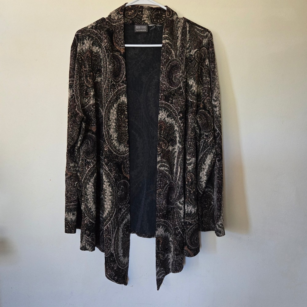 Paisley Open Front Cardigan Brown Gold Metallic Shimmer XL Additions By Chicos